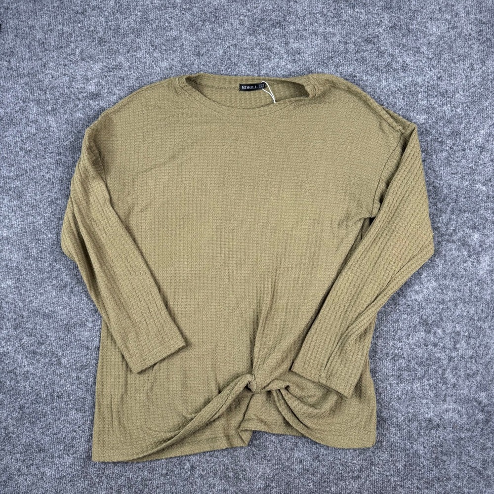 Miholl Top Womens Size L Olive Green Waffle Knit Front Tie Knot Long Sleeve